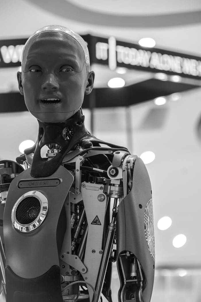 Detailed black and white image of an advanced humanoid robot with visible mechanical parts, set indoors.